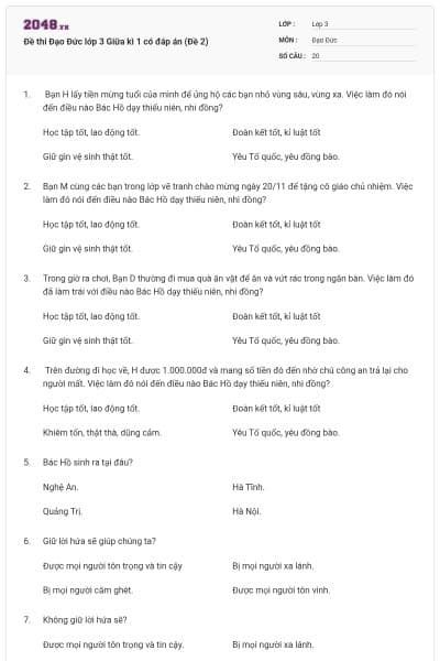 Đề thi Đạo Đức lớp 3 Giữa kì 1 có đáp án (Đề 2)