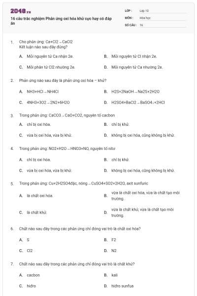 16 câu trắc nghiệm Phản ứng oxi hóa khử cực hay có đáp án