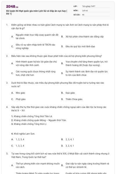 Đề luyện thi thpt quốc gia môn Lịch Sử có đáp án cực hay ( Đề 1)