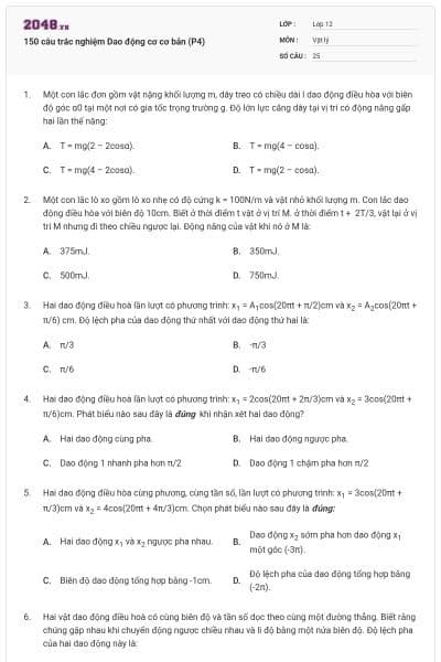 150 câu trắc nghiệm Dao động cơ cơ bản (P4)