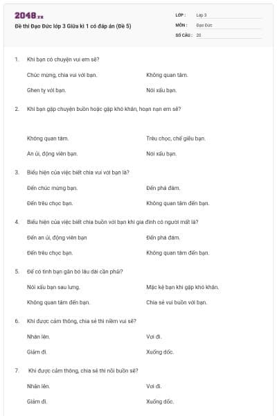 Đề thi Đạo Đức lớp 3 Giữa kì 1 có đáp án (Đề 5)