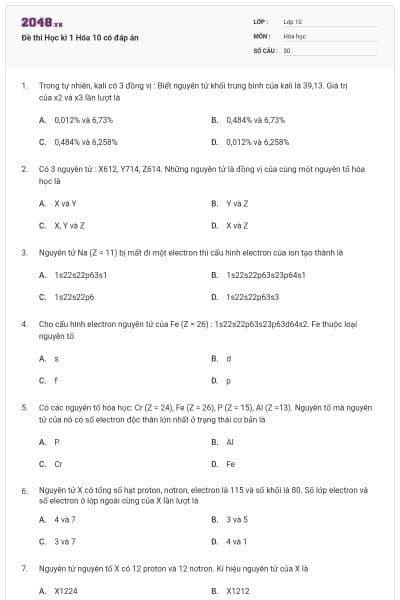 Đề thi Học kì 1 Hóa 10 có đáp án