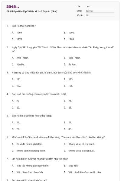 Đề thi Đạo Đức lớp 3 Giữa kì 1 có đáp án (Đề 4)