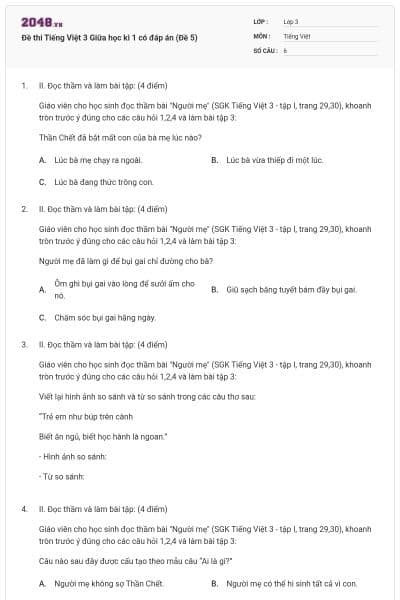 Đề thi Tiếng Việt 3 Giữa học kì 1 có đáp án (Đề 5)