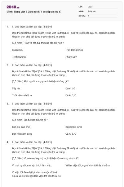 Đề thi Tiếng Việt 3 Giữa học kì 1 có đáp án (Đề 6)