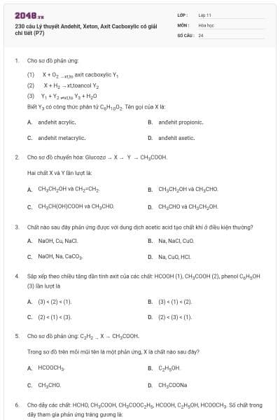230 câu Lý thuyết Andehit, Xeton, Axit Cacboxylic có giải chi tiết (P7)