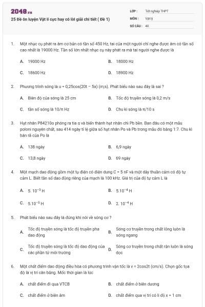 25 Đề ôn luyện Vật lí cực hay có lời giải chi tiết ( Đề 1)
