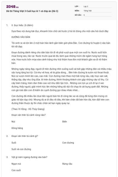 Đề thi Tiếng Việt 3 Cuối học kì 1 có đáp án (Đề 3)