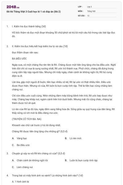 Đề thi Tiếng Việt 3 Cuối học kì 1 có đáp án (Đề 2)