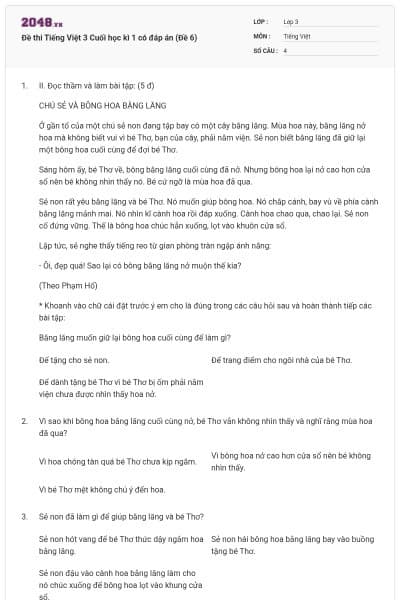 Đề thi Tiếng Việt 3 Cuối học kì 1 có đáp án (Đề 6)