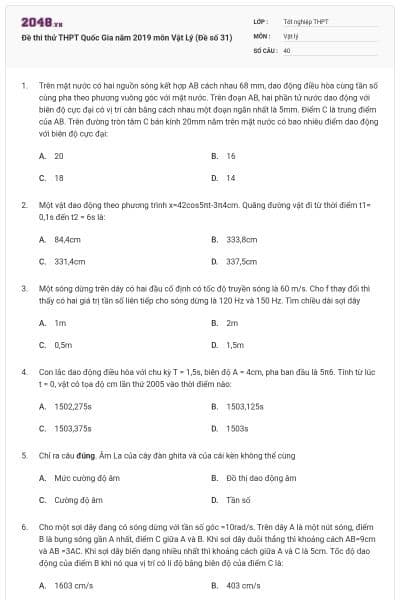 Đề thi thử THPT Quốc Gia năm 2019 môn Vật Lý (Đề số 31)