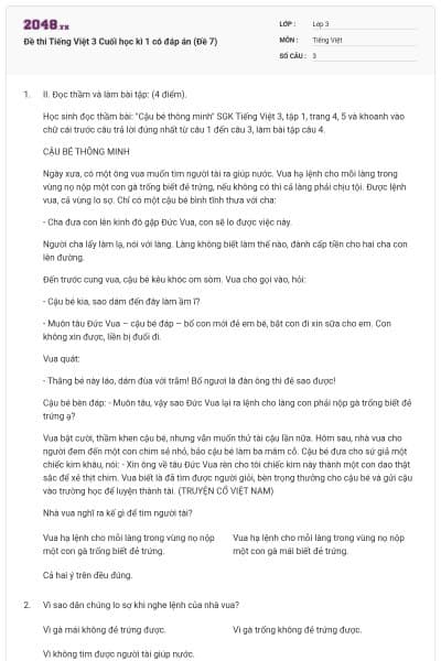Đề thi Tiếng Việt 3 Cuối học kì 1 có đáp án (Đề 7)