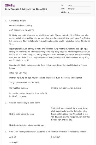 Đề thi Tiếng Việt 3 Cuối học kì 1 có đáp án (Đề 8)