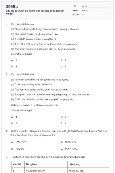 230 câu Lý thuyết Đại cương Hóa học Hữu cơ có giải chi tiết (p3)