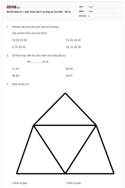 Đề thi Giữa kì 1 môn Toán lớp 2 có đáp án (Cơ bản - Đề 2)