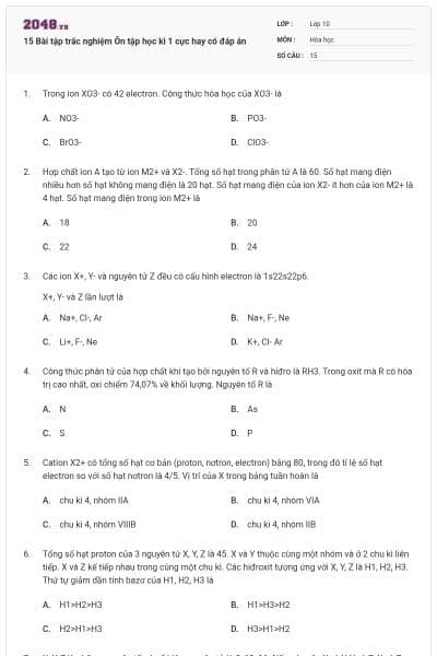 15 Bài tập trắc nghiệm Ôn tập học kì 1 cực hay có đáp án