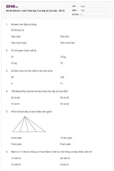 Đề thi Giữa kì 1 môn Toán lớp 2 có đáp án (Cơ bản - Đề 3)