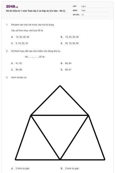 Đề thi Giữa kì 1 môn Toán lớp 2 có đáp án (Cơ bản - Đề 2)