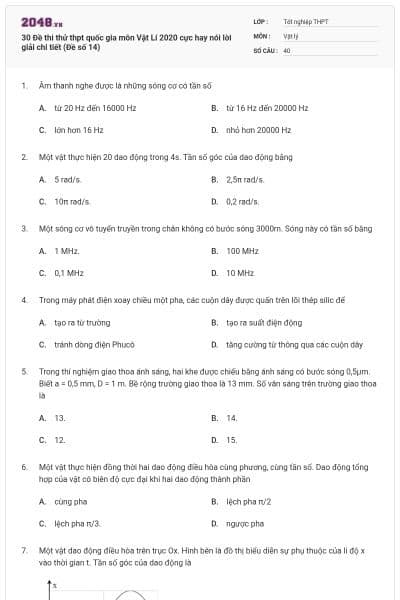 30 Đề thi thử thpt quốc gia môn Vật Lí 2020 cực hay nói lời giải chi tiết (Đề số 14)