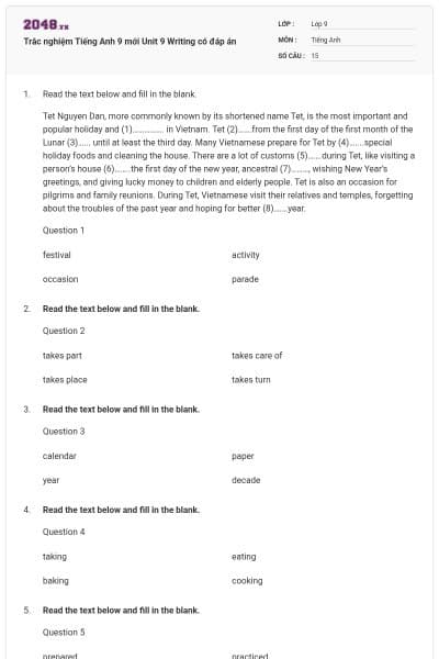 Trắc nghiệm Tiếng Anh 9 mới Unit 9 Writing có đáp án