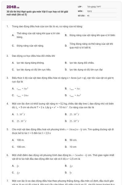 30 đề thi thử thpt quốc gia môn Vật lí cực hay có lời giải mới nhất (Đề số 5)
