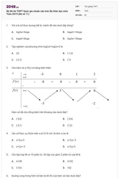 Bộ Đề thi THPT Quốc gia chuẩn cấu trúc Bộ Giáo dục môn Toán 2019 (Đề số 11)