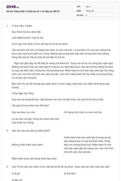 Đề thi Tiếng Việt 3 Cuối học kì 1 có đáp án (Đề 9)