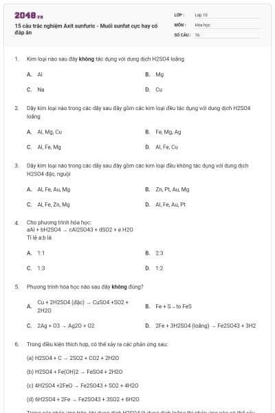 15 câu trắc nghiệm Axit sunfuric - Muối sunfat cực hay có đáp án