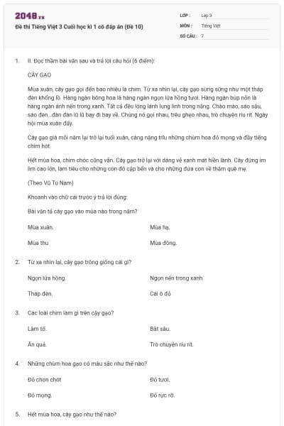 Đề thi Tiếng Việt 3 Cuối học kì 1 có đáp án (Đề 10)