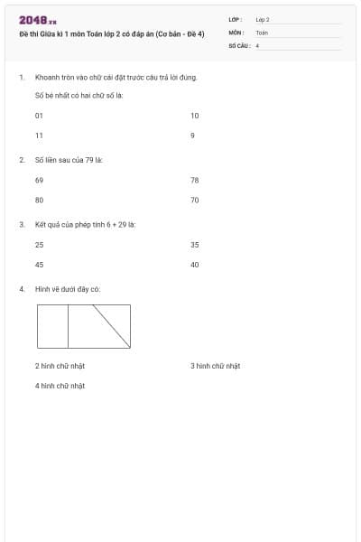 Đề thi Giữa kì 1 môn Toán lớp 2 có đáp án (Cơ bản - Đề 4)