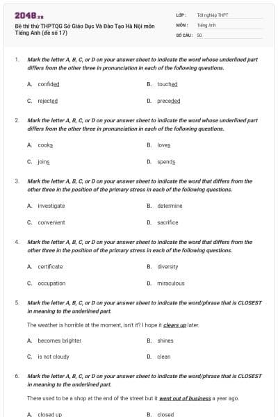 Đề thi thử THPTQG Sở Giáo Dục Và Đào Tạo Hà Nội môn Tiếng Anh (đề số 17)