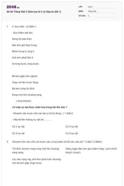 Đề thi Tiếng Việt 3 Giữa học kì 2 có đáp án (Đề 1)