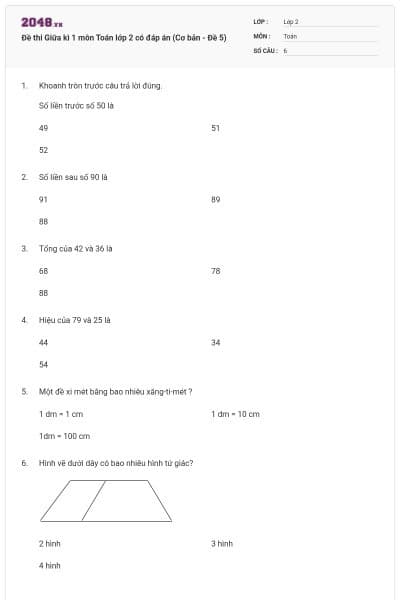 Đề thi Giữa kì 1 môn Toán lớp 2 có đáp án (Cơ bản - Đề 5)