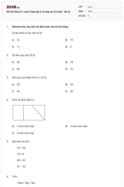 Đề thi Giữa kì 1 môn Toán lớp 2 có đáp án (Cơ bản - Đề 4)