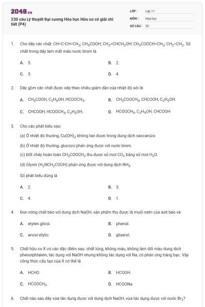 230 câu Lý thuyết Đại cương Hóa học Hữu cơ có giải chi tiết (P4)