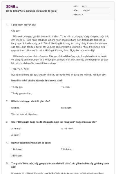 Đề thi Tiếng Việt 3 Giữa học kì 2 có đáp án (Đề 2)