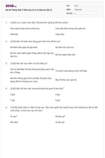 Đề thi Tiếng Việt 3 Giữa học kì 2 có đáp án (Đề 3)