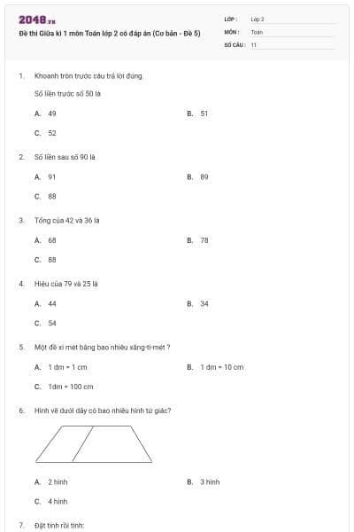 Đề thi Giữa kì 1 môn Toán lớp 2 có đáp án (Cơ bản - Đề 5)