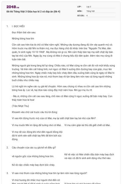Đề thi Tiếng Việt 3 Giữa học kì 2 có đáp án (Đề 4)