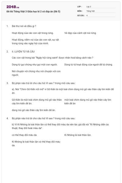 Đề thi Tiếng Việt 3 Giữa học kì 2 có đáp án (Đề 5)