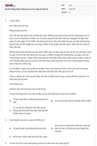 Đề thi Tiếng Việt 3 Giữa học kì 2 có đáp án (Đề 4)
