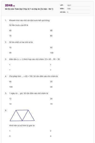Đề thi môn Toán lớp 2 Học kì 1 có đáp án (Cơ bản - Đề 1)