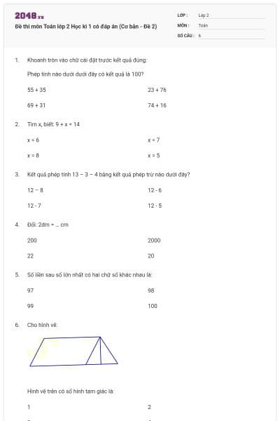 Đề thi môn Toán lớp 2 Học kì 1 có đáp án (Cơ bản - Đề 2)