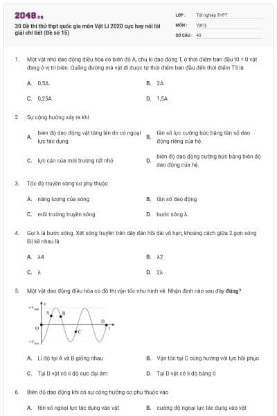 30 Đề thi thử thpt quốc gia môn Vật Lí 2020 cực hay nói lời giải chi tiết (Đề số 15)