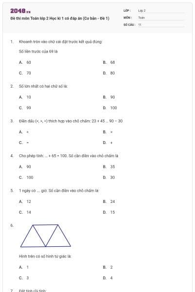 Đề thi môn Toán lớp 2 Học kì 1 có đáp án (Cơ bản - Đề 1)