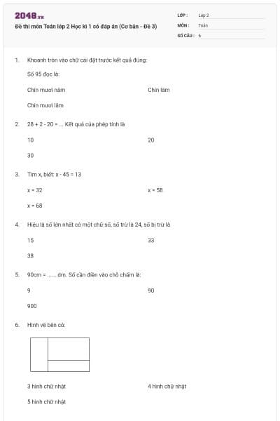 Đề thi môn Toán lớp 2 Học kì 1 có đáp án (Cơ bản - Đề 3)