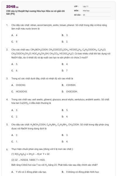 230 câu Lý thuyết Đại cương Hóa học Hữu cơ có giải chi tiết (P5)