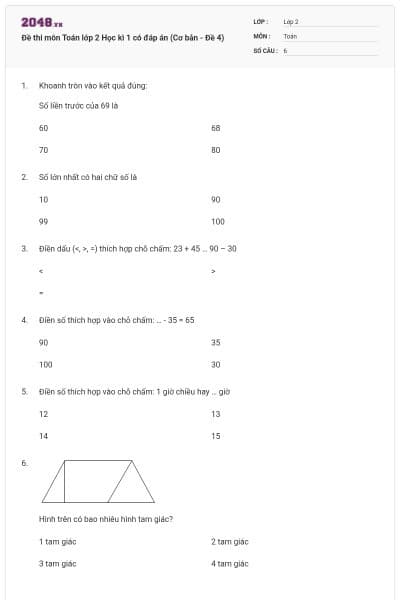 Đề thi môn Toán lớp 2 Học kì 1 có đáp án (Cơ bản - Đề 4)