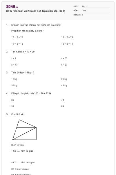Đề thi môn Toán lớp 2 Học kì 1 có đáp án (Cơ bản - Đề 5)