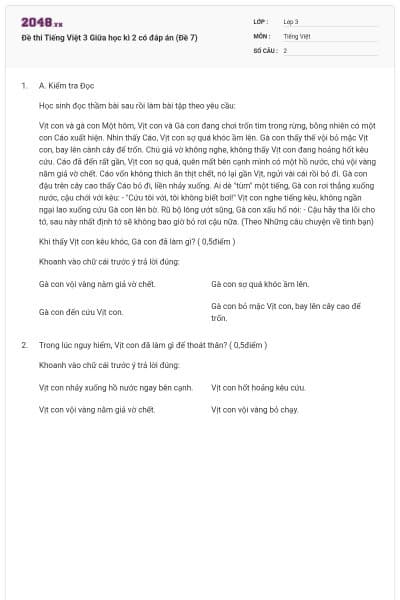 Đề thi Tiếng Việt 3 Giữa học kì 2 có đáp án (Đề 7)